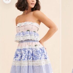 Smocked Strapless Tiered Mini Dress in Pink and Blue